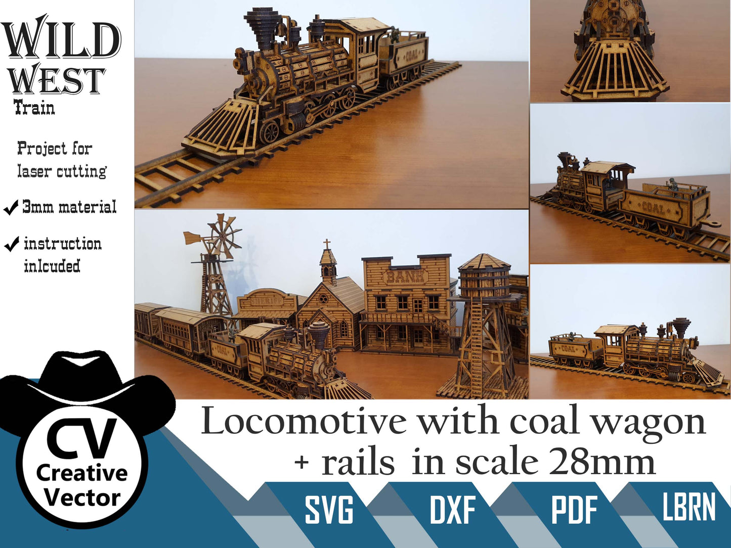 Wild West Locomotive with coal wagon + rails  in scale 28mm for Wargamers