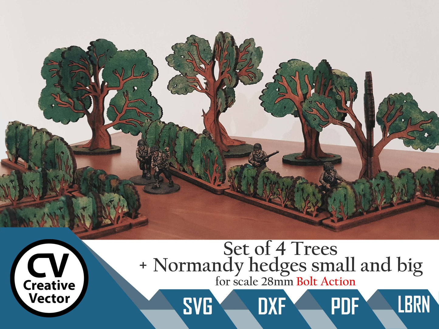 Set of 4 Trees and Normandy hedges small and big scale 28mm for game Bolt Action