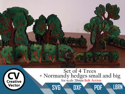 Set of 4 Trees and Normandy hedges small and big scale 28mm for game Bolt Action