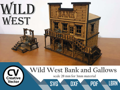 Wild West Bank with safe and gallows in scale 28mm for Wargamers
