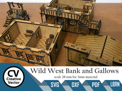 Wild West Bank with safe and gallows in scale 28mm for Wargamers